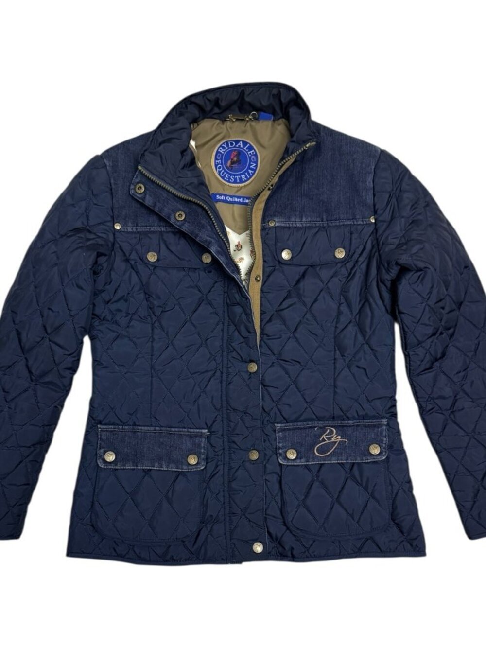 RYDALE EQUESTRIAN Denim Trim Light Puffer Designer Jacket Womens Small